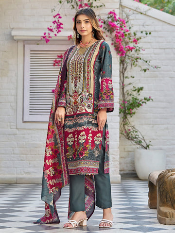 Varanga Women Ethnic Floral Mirror Embroidered Pakistani Kurta With Trouser & Dupatta